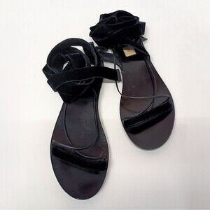 Valentino Garavani Black Leather gladiator Velvet Ankle strap Flat Sandal EU37.5